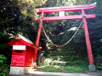 奄美大島の今井神社/今井権現の石段及び石碑：真っ赤な鳥居が特徴的です