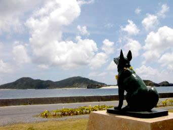 座間味島のマリリンの像/映画「マリリンに逢いたい」名所：阿嘉島のシロの像を向いています