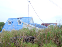 喜界島のペンション＆ダイビングサービス　ブルーリーフ(閉館・廃墟化) - 破損した屋根がそのままで敷地も草ボウボウ